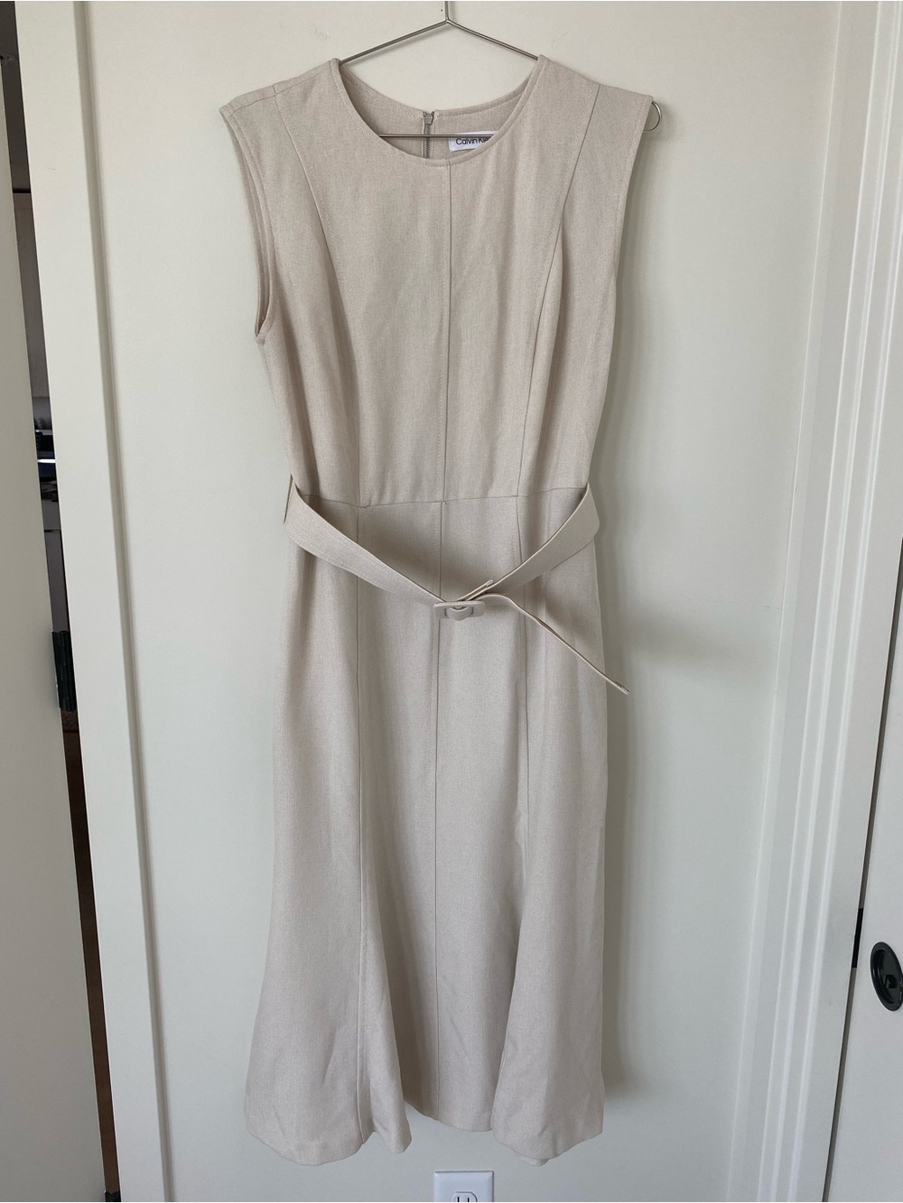 Calvin Klein Sleeveless Belted Midi Dress - Cream